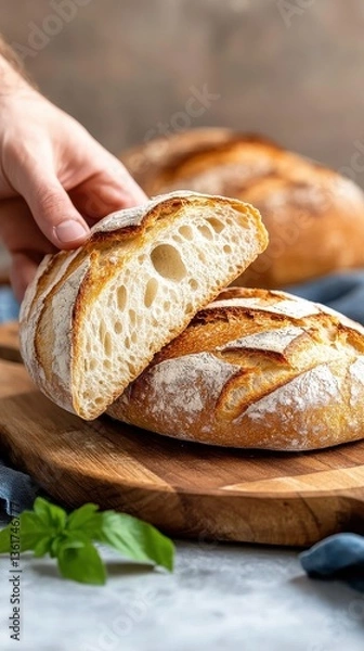 Obraz A hand delicately breaks a crusty artisan sourdough loaf revealing its airy interior and complex texture a close-up showcasing the bread's beautiful crumb and golden-brown exterior