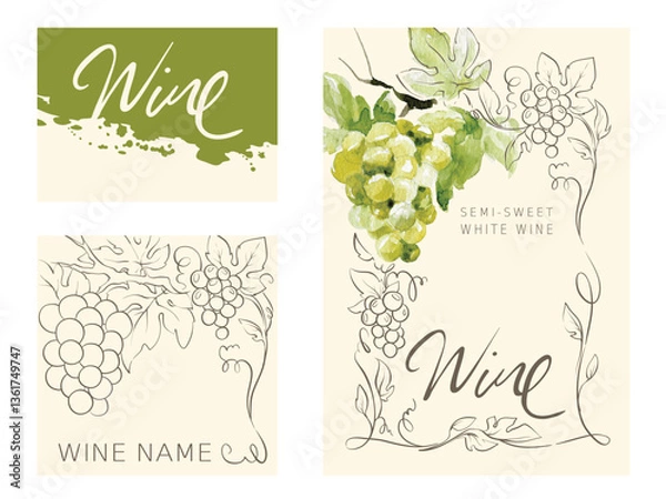 Fototapeta Label for white wines with watercolor bunch of grapes. Vector illustrations, backgrounds with grapes, author's hand drawing.	