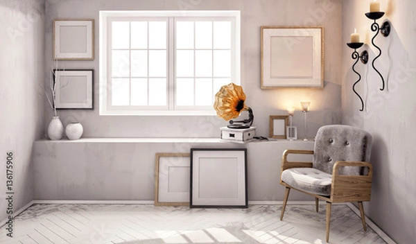 Fototapeta 3d illustration, interior with a large number of frames
