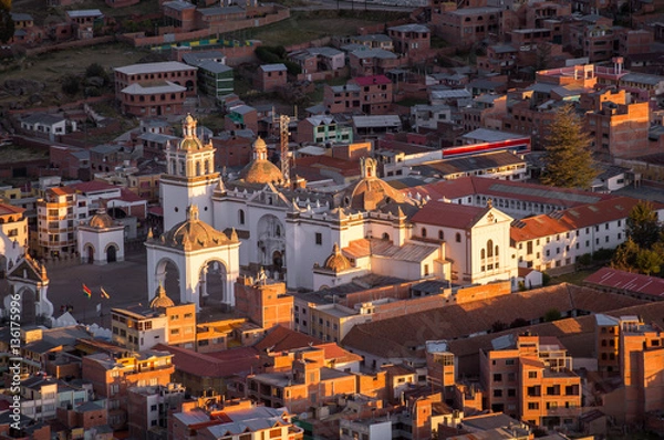 Fototapeta Arial view on Basilica of Our Lady of Copacabana, Bolivia