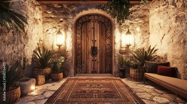 Obraz Mystical Entrance: A Nighttime View of an Enchanting Stone Courtyard with Ornate Door and Lush Plants