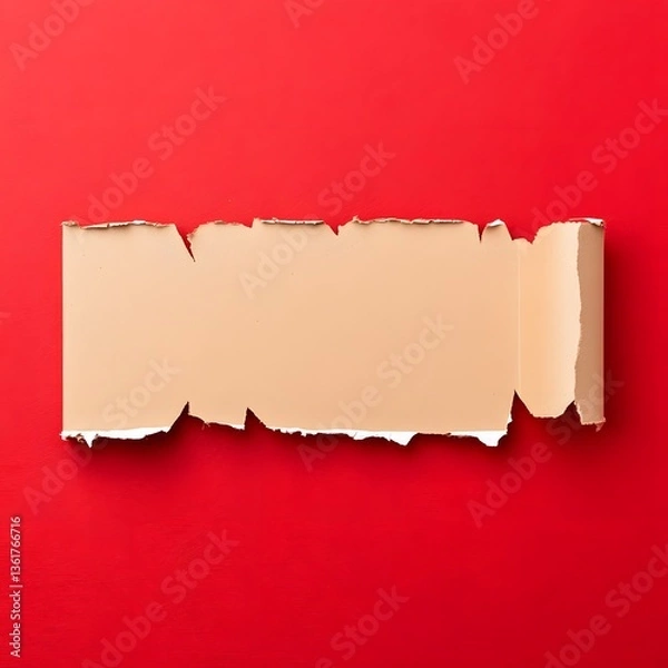 Fototapeta Torn Beige Paper on Red Background Mockup