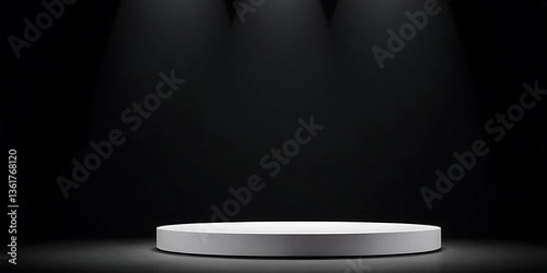 Obraz 3D rendering product display platform,minimalist black gold cylindrical pedestal luxury product display on reflective surface,53