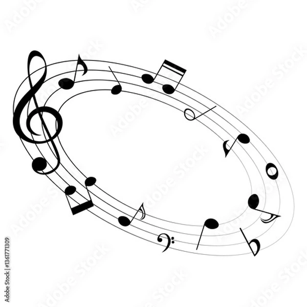 Fototapeta Music notes on rounded shape, black musical element, vector illustration.