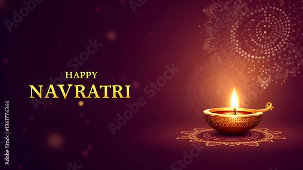 Fototapeta Happy Navratri Festive Greeting Card with Traditional Diya, Glowing Bokeh Lights, and Elegant Gold Text on Deep Maroon Background – Hindu Festival Celebration, Spiritual Poster and Social Media Banner