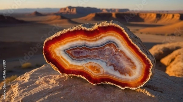 Fototapeta A cross-section of a colorful agate stone set against a desert landscape.