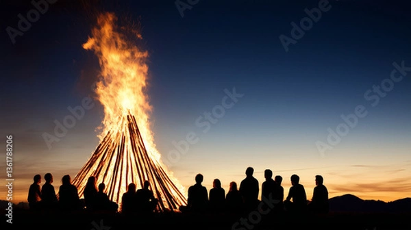 Fototapeta crowd watching easter bonfire or may fire on walpurgis night