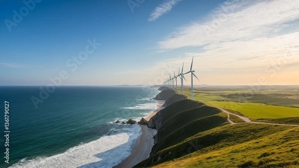 Fototapeta Coastal Wind Farm Symphony: Clean Energy Meets Scenic Beauty on a Stunning Cliffside Overlooking the Azure Ocean.
