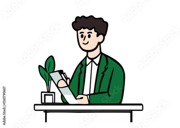 Fototapeta Vector illustration of a man in a suit participating in a remote meeting