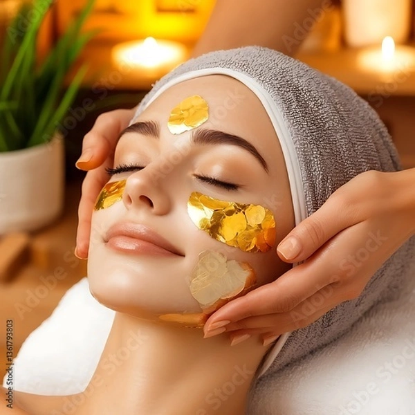 Fototapeta Gold facial with spa treatment, and relaxation.