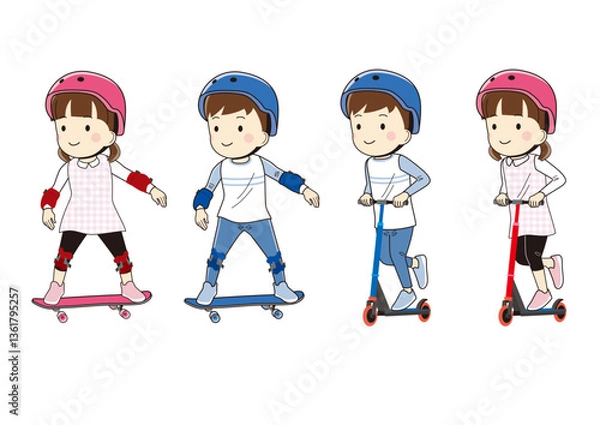 Fototapeta スケートボードとキックボードに乗った子供のイラスト