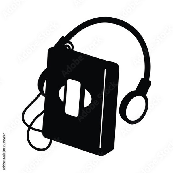 Fototapeta Vector silhouette of a classic walkman with headphones wrapped around it.