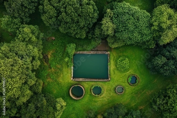 Fototapeta Aerial view shows a square pool and wells in a lush, green area. Great for conservation, nature, or environmental projects and presentations.