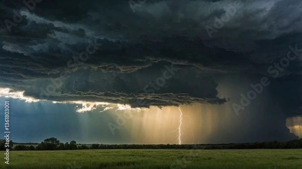 Obraz Dramatic storm clouds with lightning and rain over a grassy landscape.