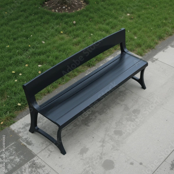 Obraz sleek black bench sits on paved surface surrounded by lush green grass, inviting relaxation and contemplation