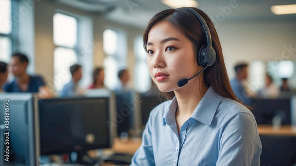 Obraz Call center staff are working to provide information to customers over the phone. Telecommunication services or technical support for customer care and consultation.
