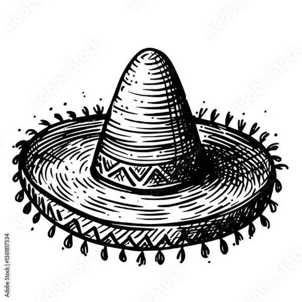 Obraz Hand-Drawn Sombrero, Monochrome, Cultural Illustration, On White Background