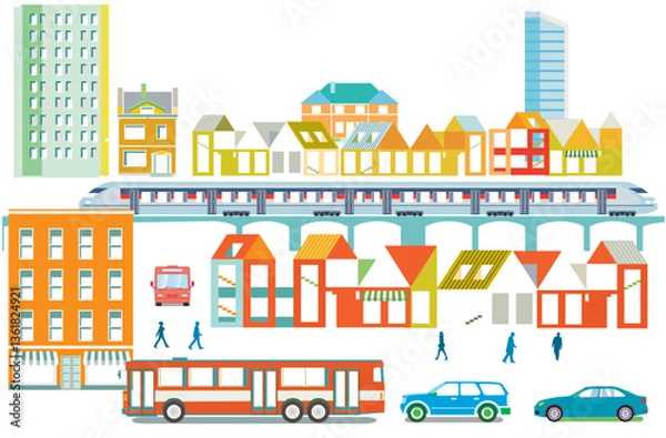 Fototapeta Stadtsilhouette einer  Stadt mit Bus, Autos, Illustration.eps