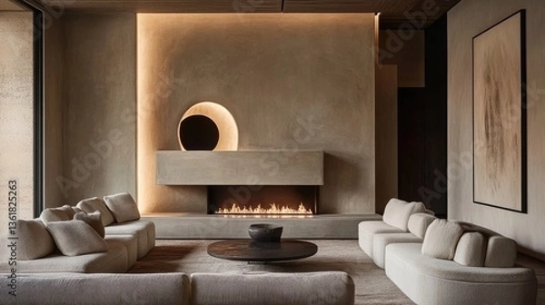 Fototapeta Minimalist Living Room Design with Modern Fireplace and Neutral Tones