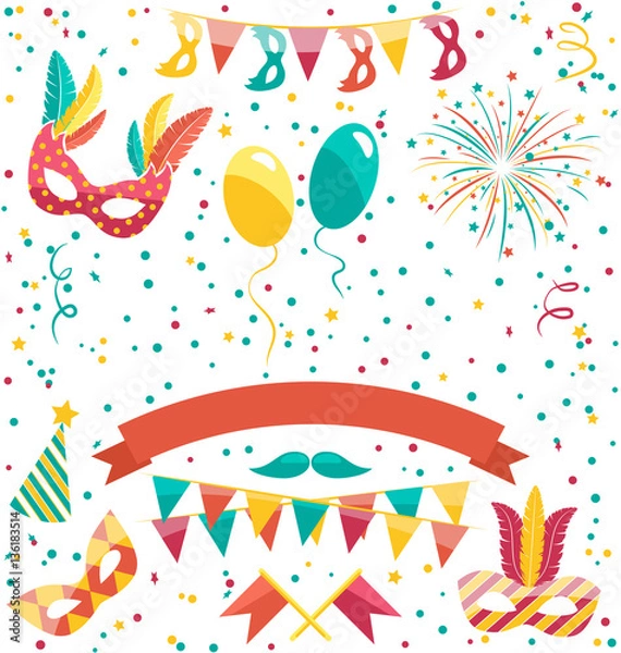 Fototapeta Set Collection of Festive Colorful Carnival Masquerade Icons Iso