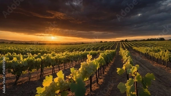 Obraz A picturesque vineyard at sunset, showcasing rows of grapevines under dramatic clouds.