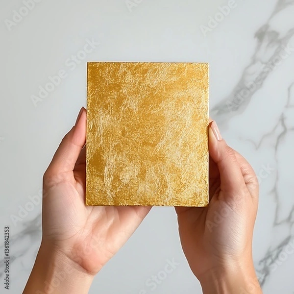 Fototapeta Golden leaf sample with hands, and marble.
