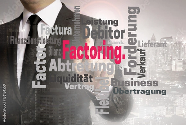 Obraz Factoring wordcloud touchscreen wird von Geschäftsmann gezeigt