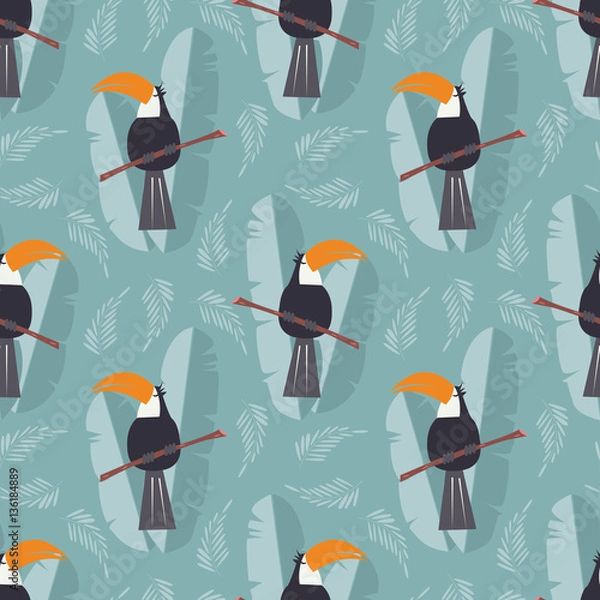 Obraz Seamless pattern with cute jungle parrot toucan on blue background