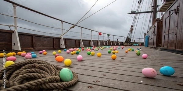 Fototapeta Colorful Easter eggs scattered across the deck of a historic ship on a cloudy day
