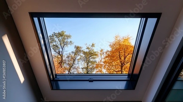 Fototapeta Skylight window featuring a modern black frame and open position, ideal for ventilation and daylight enhancement.  3D Rendering