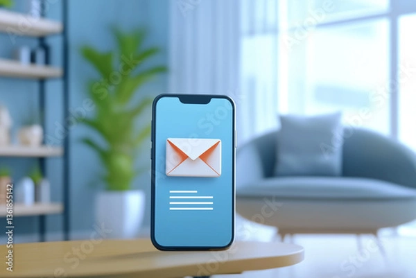 Fototapeta 3D envelope icon on smartphone screen with blue background in cozy living room interior, Concept of mobile email application,communication, technology, connectivity, lifestyle, and messaging.