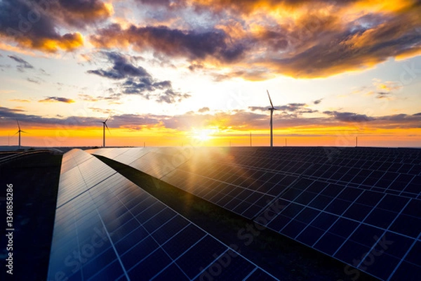 Fototapeta Green energy reduce carbon emissions and makes earth cleaner and more ecological.Clean and environmental.Photovoltaic power station and wind turbines at sunset.Windmill turbines generating energy.