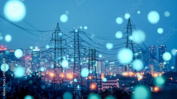 Fototapeta Power lines traverse a city skyline at dusk with bokeh effects enhancing the vibrant lights