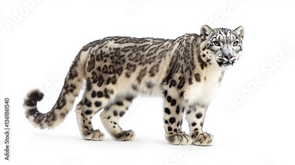 Fototapeta The snow leopard stands in royal dignity, the royal seat of the snow leopard, the king snow leopard on the white peak, the royal snow leopard is resting, the snow king in a royal pose