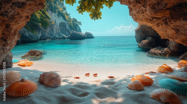 Fototapeta A Hidden Cove with Seashells and Beach Umbrellas