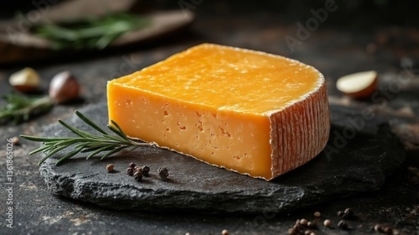 Fototapeta a wedge of mimolette cheese showcasing its vibrant orange color,firm texture this french cheese is known for its nutty slightly sweet flavor perfect for gourmet platters,dishes