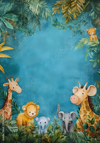 Fototapeta A colorful illustration featuring cartoon animals in a jungle setting.