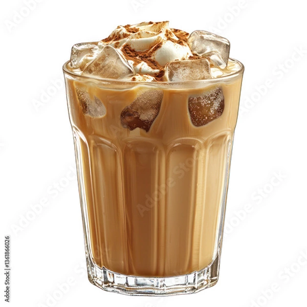 Fototapeta A glass of chilled iced coffee with cream and ice cubes, isolated on a white background.