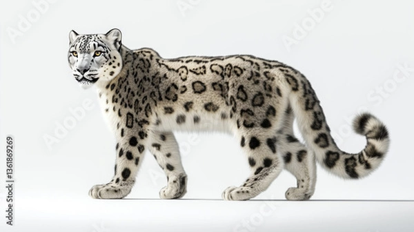 Fototapeta The snow leopard stands in royal dignity, the royal seat of the snow leopard, the king snow leopard on the white peak, the royal snow leopard is resting, the snow king in a royal pose