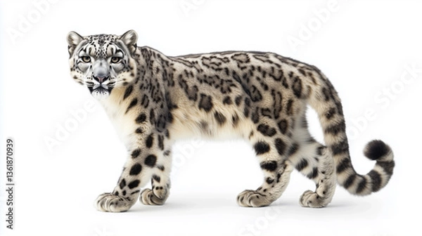 Fototapeta The snow leopard stands in royal dignity, the royal seat of the snow leopard, the king snow leopard on the white peak, the royal snow leopard is resting, the snow king in a royal pose