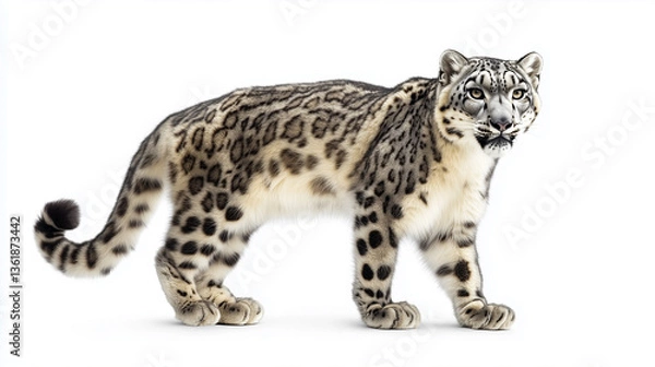 Fototapeta The snow leopard stands in royal dignity, the royal seat of the snow leopard, the king snow leopard on the white peak, the royal snow leopard is resting, the snow king in a royal pose