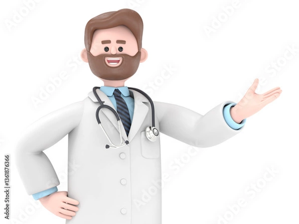 Fototapeta 3D illustration of Male Doctor Iverson pushing on an empty phone mockup.Transparent Background Mockup.Supports PNG files with transparent backgrounds.