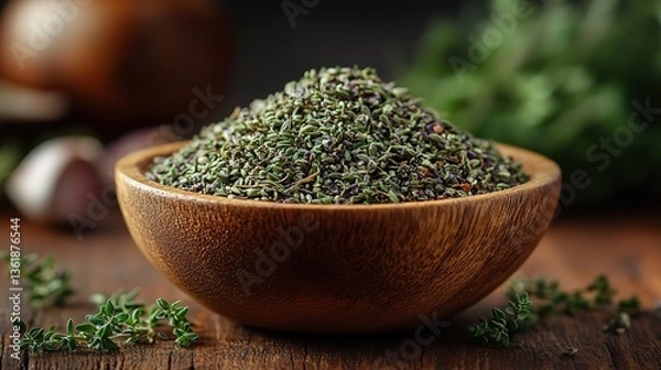 Fototapeta a wooden bowl filled with dried mountain thyme kekik da rests on a wooden surface the aromatic thyme with its greenish,purplish hues highlights its natural flavorful qualities