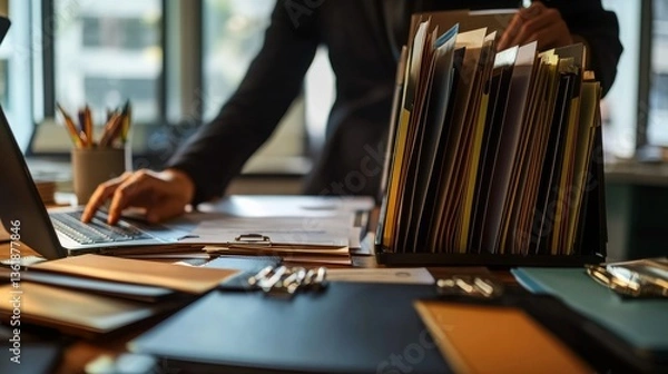 Obraz Courthouse scene with a law clerk organizing case files in a quiet office. Featuring precision and focus
