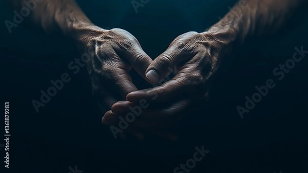 Obraz Close-up of clasped hands in darkness.