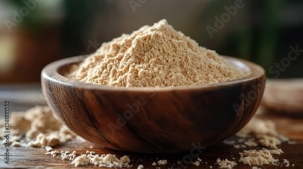 Fototapeta a wooden bowl filled with fine beige trigonella lepidium sativum powder rests on a wooden surface the light background emphasizes the smooth texture,natural color of the powder