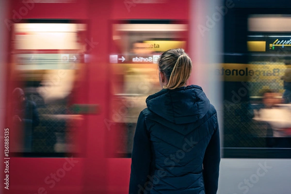 Fototapeta A conceptual shot of a young blonde girl with a ponytail in a black jacket waiting at a metro station platform, as the train speeds by in Barcelona, capturing the urban vibe and motion.