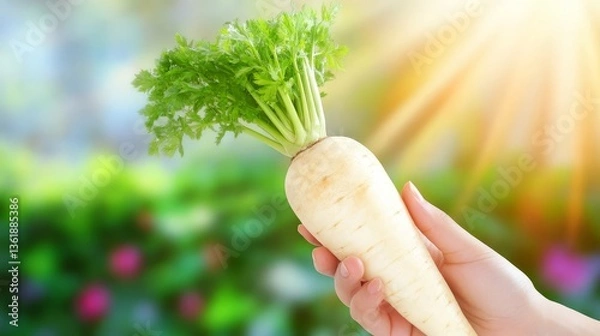Fototapeta Parsnip vegetable held against bright sunlight and green blurred garden backdrop