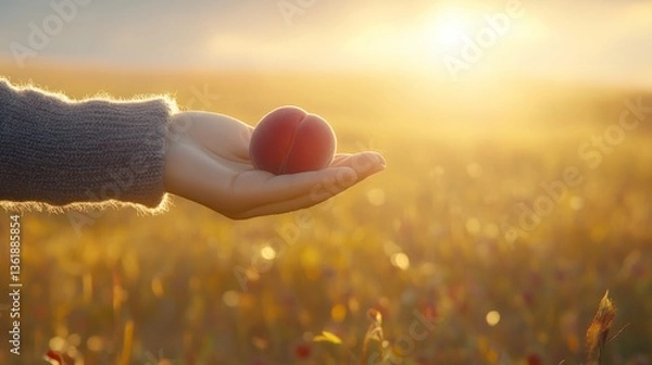 Fototapeta Peach lies on a hand in a yellow field, with sunset lighting the scene warmly