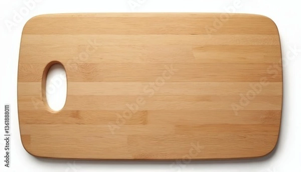 Fototapeta Top view of empty wooden cutting board with handle on white background. Bamboo utensil for food prep. Kitchenware for meat, bread, vegetable cutting and serving.